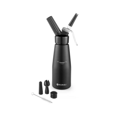 Abbildung von HENDI Sahnespender 500 ml Aluminium inkl. 3 Polypropylen Spritztüllen + Reinigungsbürste ø 8 x 26 cm, Gastro Sahnesyphon schwarz Schlagsahne