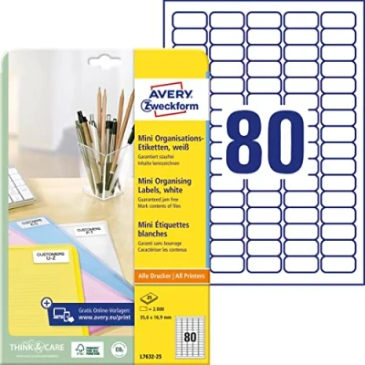 Abbildung von AVERY Zweckform L7632 25 mini Organisationsetiketten (2.000 Aufkleber, 35,6x16,9mm auf A4, selbstklebende Vielzweck Etiketten, bedruckbar, Klebeetiketten zum Organisieren/Kennzeichnen) Blatt, weiß
