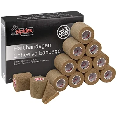 Abbildung von ALPIDEX 12 Rollen Haftbandage 5 cm x 4.5 m Selbstklebender Verband Pet Bandagen Fixierband Sport Vet Wrap Tape Selbsthaftend, Farbe:beige