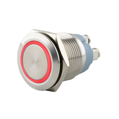 Abbildung von SeKi Edelstahl Drucktaster Ø19mm tastend flacher Kopfform farbig beleuchtetem LED Ring in rot Schraubanschluss; Klingeltaster