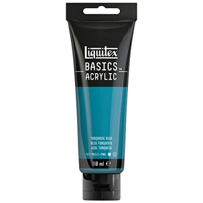 Abbildung von Liquitex 8870074 Basics Acrylfarbe, monopigmentierte Künstlerpigmente, lichtecht, mittlere Viskosität, Archivqualität, seidenglänzender Finish, 118 ml (1er Pack)Tube Türkisblau