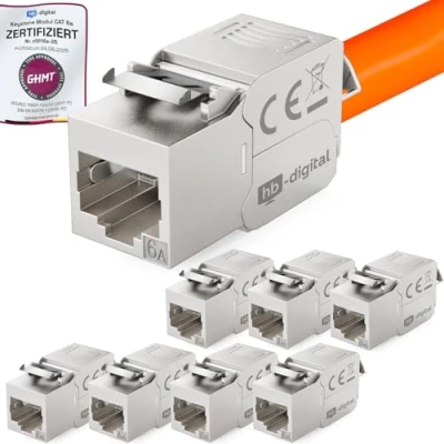 Abbildung von HB DIGITAL 8x CAT 6a Keystone Modul Jack GHMT zertifiziertes RJ45 Buchse STP 500MHz 10Gbit/s LSA werkzeuglos Kupplung Netzwerk Einbaubuchse für Patchpanel Ethernet LAN Verlegekabel