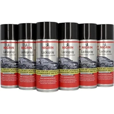 Abbildung von NIGRIN Lackspray, 6 x 400 ml, schwarz glänzender Autolack, schützt Felgen und Karosserie vor Rost, schnell trocknend