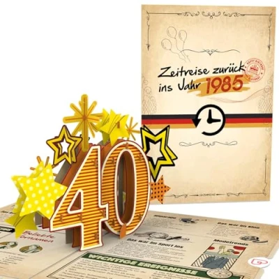 Abbildung von papercrush® Pop Up Karte „Zurück ins Jahr 1985“ Lustige 3D Geburtstagskarte zum 40. Geburtstag für Frau &amp; Mann Besondere Glückwunschkarte 40 Jahre mit lustigen Fakten Jahrgang