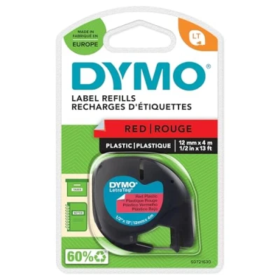 Abbildung von DYMO Original LetraTag Etikettenband schwarz auf rot 12 mm x 4 m selbstklebendes Kunststoffetiketten für Beschriftungsgerät