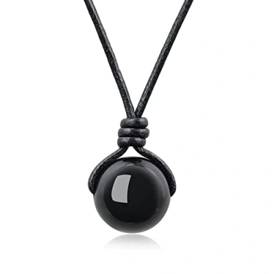 Abbildung von COAI Geschenkideen Unisex Lederband Halskette mit Perle Kugel Anhänger aus Obsidian
