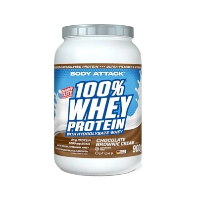 Abbildung von Body Attack 100% Whey Protein Chocolate Brownie 900 g Made in Germany Extra cremiges Eiweißpulver mit Hydrolysat &amp; BCAA&#039;s, unterstützt Muskelaufbau und Diäten Für Sportler Athleten