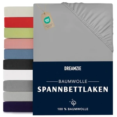 Abbildung von Dreamzie Spannbettlaken 140 x 190/200 cm, Grau, 100% Jersey Baumwolle, Zertifiziert nach Öko Tex cm