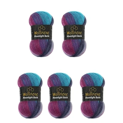 Abbildung von Wollbiene Moonlight Batik 5 x 100g Strickwolle 500 Gramm Wolle zum Stricken und Häkeln 20% türkische Farbverlaufswolle (5960 beere lila türkis)