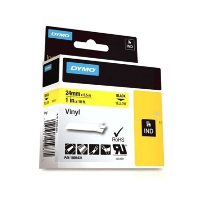 Abbildung von DYMO Rhino Industrie Vinyletiketten 24 mm x 5,5 m schwarz auf gelb selbstklebendes Schriftband für und LabelManager Beschriftungsgerät