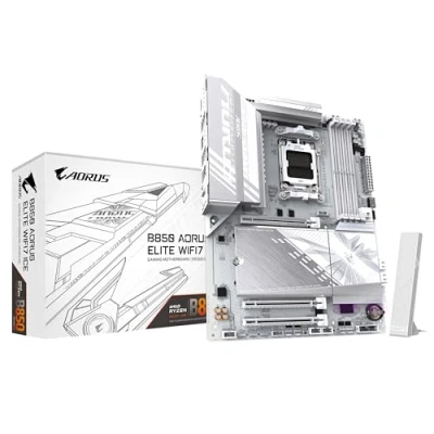 Abbildung von GIGABYTE B850 AORUS Elite WIFI7 Ice Motherboard AMD Ryzen 9000 Serie CPUs, 12+2+1 Phasen digitales VRM, bis zu 8200MHz DDR5 (OC), 1xPCIe 5.0 + 2xPCIe 4.0 M.2, 2,5 LAN, WiFi 7, USB 3.2 Gen 2x2