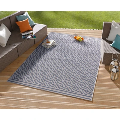 Abbildung von NORTHRUGS in und Outdoor Teppich Raute 80x150cm Wetterfest Modern Geometrisches Muster Allover Design Läufer für Balkon Terrasse Garten Wintergarten Wohnzimmerteppich Wasserfest Blau Creme