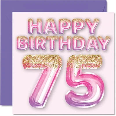 Abbildung von Geburtstagskarte zum 75. Geburtstag für Frauen rosa und lila Glitzerballons Happy Karten 75 Jahre alte Frau Mama Great Nanny Grandma Gran, 145 mm x Siebzig Fünf Grußkarten Geschenk