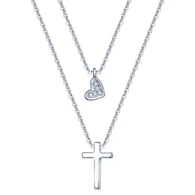 Abbildung von Yumilok 925 Sterling Silber Zirkonia Herz Kreuz Anhänger Halskette Verstellbare Kette mit Doppel Kettchen für Damen Mädchen