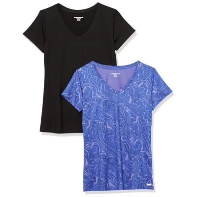 Abbildung von Amazon Essentials Damen Active Quick Dry Tech Stretch Kurzarm T Shirt mit V Ausschnitt (in Übergröße erhältlich), 2er Pack, Blau Marmor/Schwarz, S