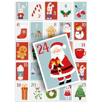 Abbildung von Weihnachtskarten 24 Adventskalender Postkarten Tiere Deko Design Illustration schöne süße Weihnachtspostkarten Weihnachten Xmas Set Mix Geschenk Grußkarten Geschenkkarten niedlich Zahlen Hase