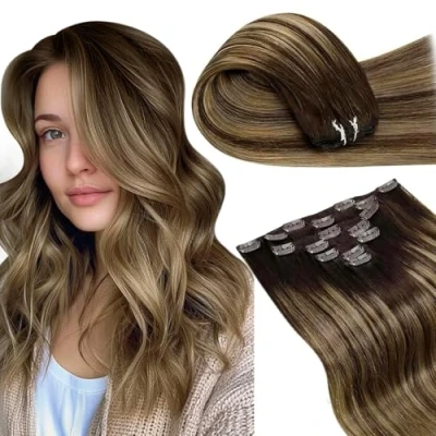 Abbildung von LaaVoo Extensions Clip in Echthaar Braun Haarverlängerung Balayage Dunkelbraun zu Karamellblond Doppelt Tressen 7pcs/105g 55cm