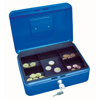 Abbildung von Wedo 145303X Geldkassette (aus pulverbeschichtetem Stahl, versenkbarer Griff, 5 Fächer Münzeinsatz, Sicherheits Zylinderschloss, 25 x 18 9 cm) blau