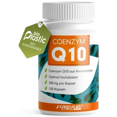 Abbildung von Q10 Kapseln hochdosiert 120x mit 200mg Coenzym pro Kapsel hochwertiges (vegan) aus Fermentation ohne unerwünschte Zusätze laborgeprüft Zertifikat Vorrat für 4 Monate