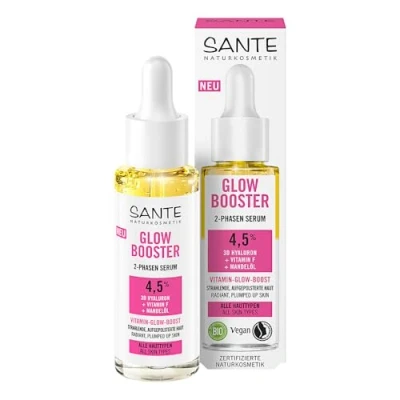 Abbildung von SANTE Naturkosmetik Glow Booster 2 Phasen Serum mit 3D Hyaluron, Vitamin F &amp; Mandelöl, pflegendes Gesichtsserum für lebendig frische und strahlende Haut, natürlicher Glow, 30ml