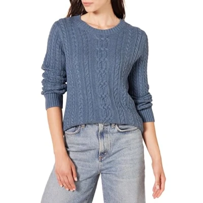 Abbildung von Amazon Essentials Damen Fisherman Cable Langarm Pullover mit Rundhalsausschnitt (in Übergröße erhältlich), Blau Heide, L