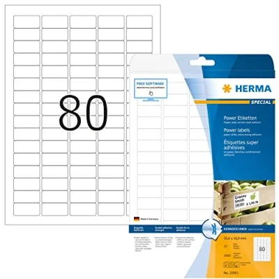 Abbildung von HERMA 10901 Power Etiketten, 25 Blatt, 35,6 x 16,9 mm, 80 pro A4 Bogen, 2000 Stück, selbstklebend, bedruckbar, extrem stark haftend, blanko Papier Klebeetiketten Aufkleber, weiß
