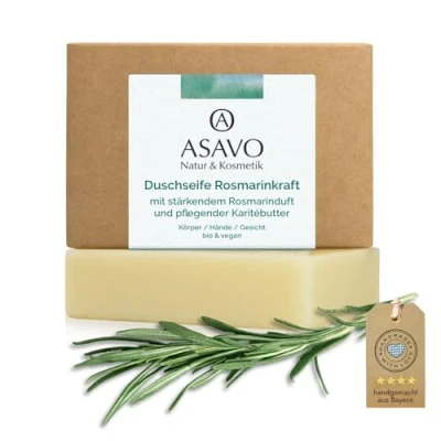 Abbildung von ASAVO Premium Naturseife Rosmarin, handgemachte Bio Seife, mit feiner Karitébutter &amp; 100% ätherischen Ölen, vegan, 95g