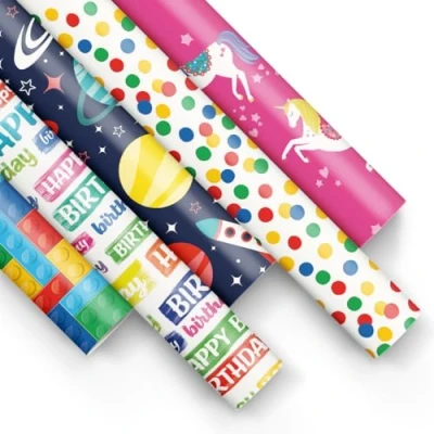 Abbildung von PAW Geschenkpapier 200x70cm 5 Rollen Mix aus Motiven Fröhlich Papierrolle für Geburtstage, Hochzeiten, Babypartys, Partys und Geschenke Farbenfrohe Muster
