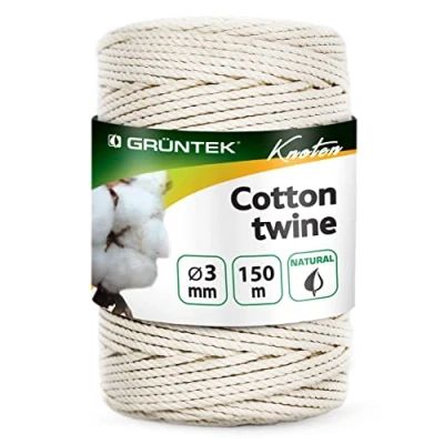 Abbildung von GRÜNTEK Baumwollschnur 3 mm, 150 Meter, Bindegarn, Kordel, Baumwolle Gartenschnur, Makramee Garn Bastelschnur, Kordel Rolle Naturfarbe, 100 Prozent