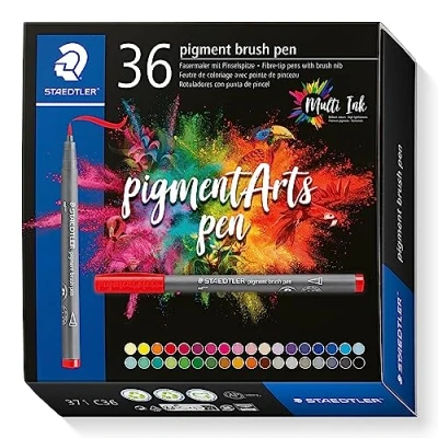 Abbildung von STAEDTLER brush pen pigment Arts, Premium Zeichentusche, Pinselspitze für variable Linienbreite, wasserfest, schnelltrocknend, 36 pens in sortierten Farben im Kartonetui, 371 C36