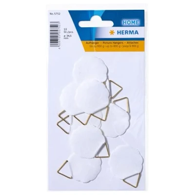 Abbildung von HERMA 5752 Bildaufhänger zum Kleben weiß klein, 10 Stück, Ø 30 mm, selbstklebend, Drahtseil Bildaufhängung ohne Bohren für die Wand, starke Papier Draht Aufhänger Bilder Bilderrahmen bis 800 g