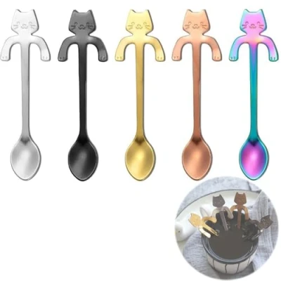 Abbildung von Lezed Katze Kaffeelöffel, Katzen Kaffee Löffel, Teelöffel Dessertlöffel, Nachmittagsteelöffel, Edelstahl Kätzchen Hängendes Design für Tee, Milch, Kaffee, Dessert, Drink, Milchshake 5 Stück
