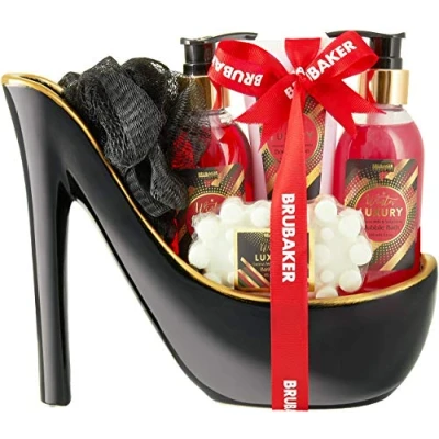 Abbildung von BRUBAKER Cosmetics Luxus Erdbeere und Kokosmilch Beautyset 6 teiliges Bade Dusch Set Geschenkset in Keramik Stiletto Schwarz Gold