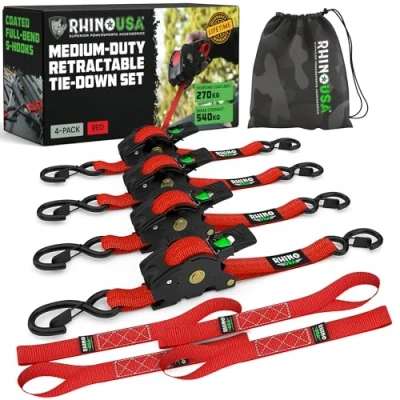 Abbildung von Rhino USA Selbstaufrollende Spanngurte (4er Pack) 2.5cm x 3m (540kg Bruchfestigkeit) Hochleistungs Automatik für LKW, Anhänger, Motorrad, Fahrrad &amp; Mehr Rot