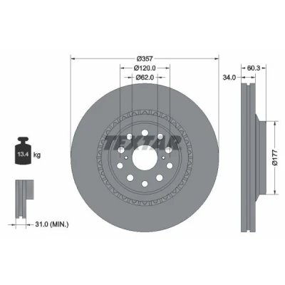 Abbildung von TEXTAR PRO 92224303 Bremsscheibe 357 34 05/12 120 außenbelüftet beschichtet ohne Radbefestigungsbolzen, Radnabe LEXUS: LS I