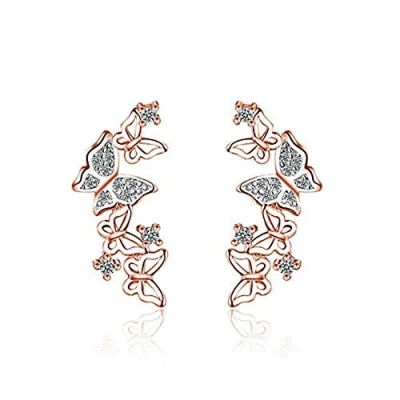Abbildung von Ohrstecker, hohl, Schmetterlings Zirkonia, für Damen und Mädchen, mit Sterlingsilber überzogen, modischer niedlich, filigran, Crawler, Kletterer, hypoallergen (Roségold), Kristall, Zirkonia