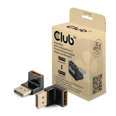 Abbildung von Club3D CAC 1008 DisplayPort Stecker auf 1.4 Buchse 90 Grad abgewinkelter Adapter 4K120Hz M/F
