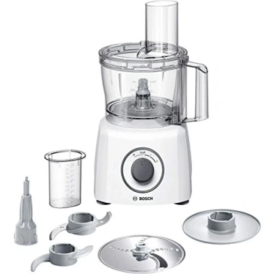 Abbildung von Bosch Kompakt Küchenmaschine MultiTalent 3 MCM3100W, 20 Funktionen, Rührschüssel 2,3 L, Universalmesser, Schneid Raspel Wendescheibe, Schlagscheibe (Sahne), Einfüllhilfe, Deckel, 800 W, weiß