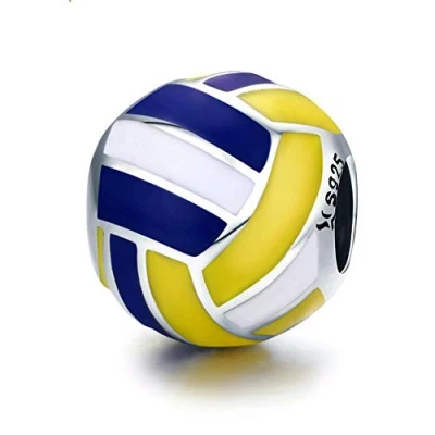 Abbildung von Volleyball Charm mit gelbem, weißem, blauem Emaille Charm, 925er Sterlingsilber, Sportanhänger für Pandora Armband