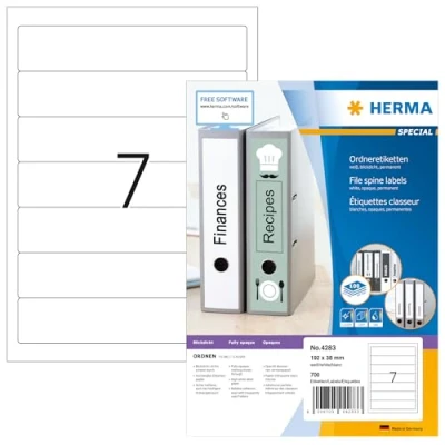 Abbildung von HERMA 4283 Ordnerrücken Etiketten kurz schmal, 100 Blatt, 192 x 38 mm, 7 pro A4 Bogen, 700 Stück, selbstklebend, bedruckbar, blickdicht, blanko Papier Ordneretiketten Rückenschilder Aufkleber, weiß