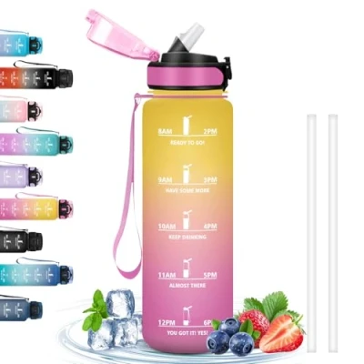 Abbildung von Trinkflasche 1l, Wasserflasche mit Strohhalm, Sport Zeitmarkierung, für Kohlensäurehaltige Getränke, Kann Dir Tragen, Fitness, Camping, Wandern