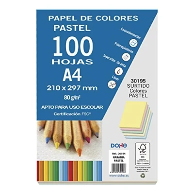 Abbildung von DOHE 30195 Packung mit 100 Papieren, A4, 80 g, Pastellfarben, Sortiert, Grande