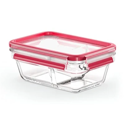 Abbildung von Emsa N10407 Clip &amp; Close Glas Frischhaltedose inkl. Abtrennung 0,8 L stapelbar gefrierfest backofenfest mikrowellenfest 100% dicht spülmaschinenfest Transparent/Rot