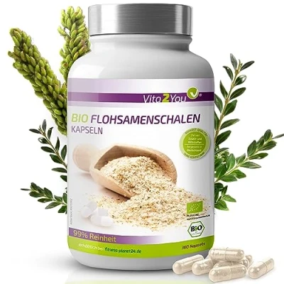 Abbildung von Vita2You Bio Flohsamenschalen Kapseln 360 750mg pro Kapsel Flohsamen Schalen hochdosiert Biologischer Anbau Premium Qualität