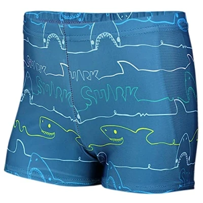 Abbildung von Aquarti Jungen Badehose Gestreift mit Motiven, Farbe: Haie/Jeans, Größe: 122