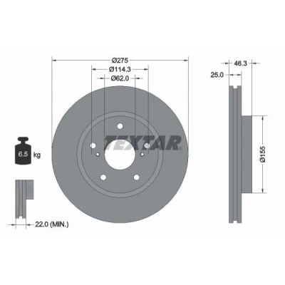 Abbildung von TEXTAR PRO 92232703 Bremsscheibe 275 25 05/07 114,3 innenbelüftet beschichtet ohne Radbefestigungsbolzen, Radnabe TOYOTA: Auris Hatchback