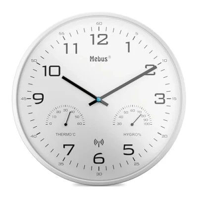 Abbildung von Mebus Moderne Funk Wanduhr mit Temperaturanzeige und Luftfeuchtigkeit, 30 cm, Uhr, Wohnzimmer, Küchenuhr/Modell: 52841 / Farbe: Weiß