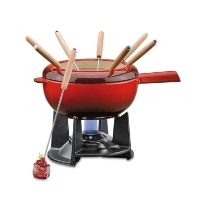 Abbildung von Spring Gusseisen Fondue Set rot Ø 20 cm mit 8 Fonduegabeln und Spritzschutz für Käsefondue, Fleischfondue Rechaud Brenner