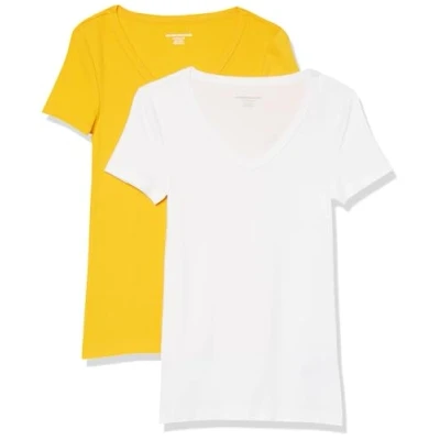 Abbildung von Amazon Essentials Damen Kurzärmeliges T Shirt mit V Ausschnitt, Schmale Passform, 2er Pack, Weiß/Goldgelb, S