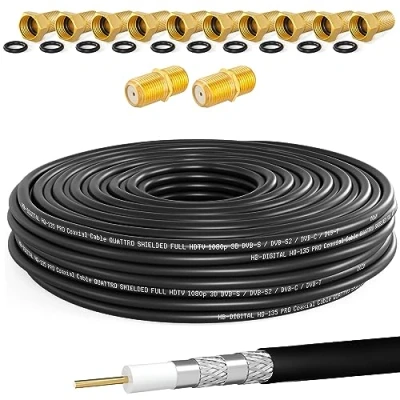 Abbildung von HB DIGITAL 30m Koaxialkabel SAT HQ135 PRO inkl. 2x F Verbinder + 10x Stecker vergoldet GRATIS dazu Satellit Antennenkabel 4 Fach geschirmt für DVB S/S2 C/C2 T/T2 DAB+Radio BK Anlagen